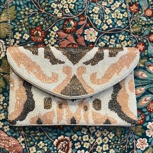 Shirdee Elegant Beaded Clutch - White, Brown, and Tan